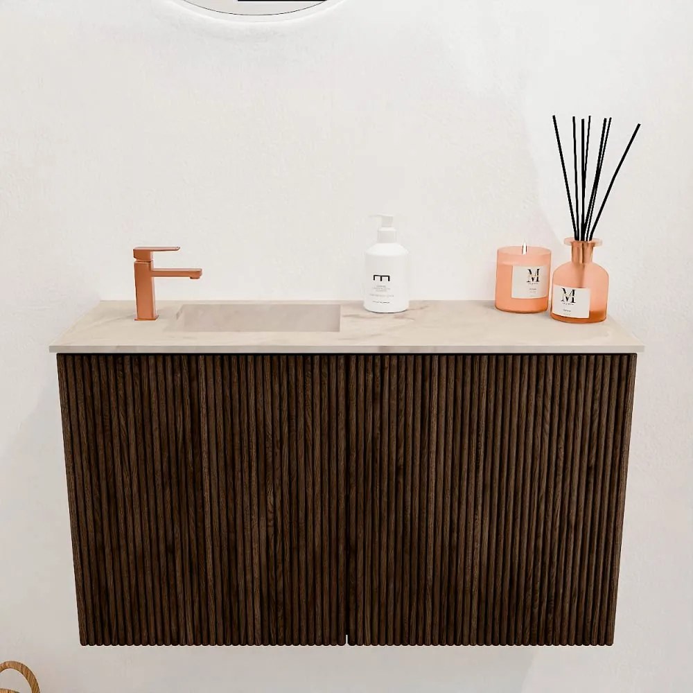 Mondiaz Joya DLux 70cm toiletmeubel walnut met wastafel faye links 1 kraangat frappe
