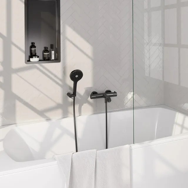 Brauer Gunmetal Carving Badkraan - douchegarnituur - handdouche rond 3 standen - carving knop - PVD - geborsteld gunmetal 5-GM-247