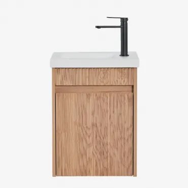 Narek Zwevend Houten Badkamermeubelset Met Geïntegreerde Wastafel Ash Brown & Spiegelloze & Mat Zwart ↑20 Cm Met Aftapkraan Zonder - Sklum