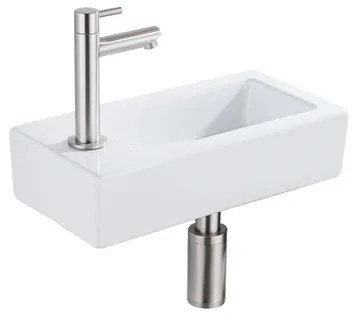 QeramiQ Fuente Fonteinset - 37.5x18.5x9cm - keramiek - kraangat links - fonteinkraan geborsteld RVS - afvoerplug - verlaagd sifon - Glans wit SW1122449/SW696207/SW696217/SW696237