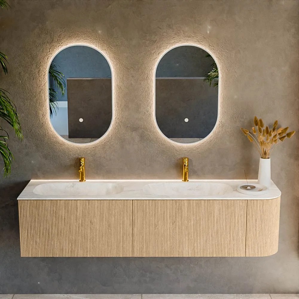 Mondiaz Kurve-dlux 175cm badmeubel ronding rechts oak met 2 lades en 1 deur en wastafel stor small dubbel/links 2 kraangaten ostra