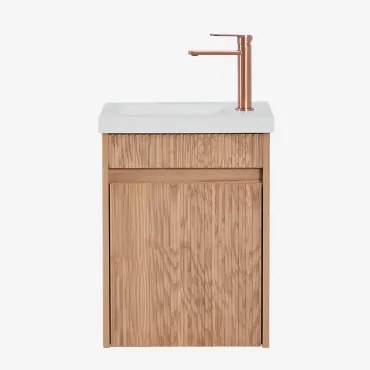 Narek Zwevend Houten Badkamermeubelset Met Geïntegreerde Wastafel Spiegelloze & Ash Brown & Roségoud Geborsteld ↑20 Cm Met Afvoerkraan Zonder Overloop