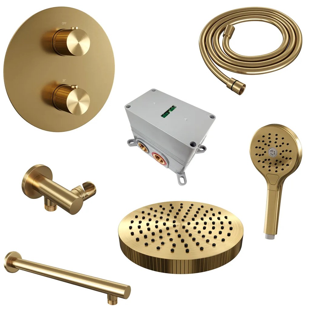 Brauer Stripe inbouw regendouche rond met 25cm hoofddouche, rechte muurarm en 3 standen handdouche set 40 messing geborsteld PVD
