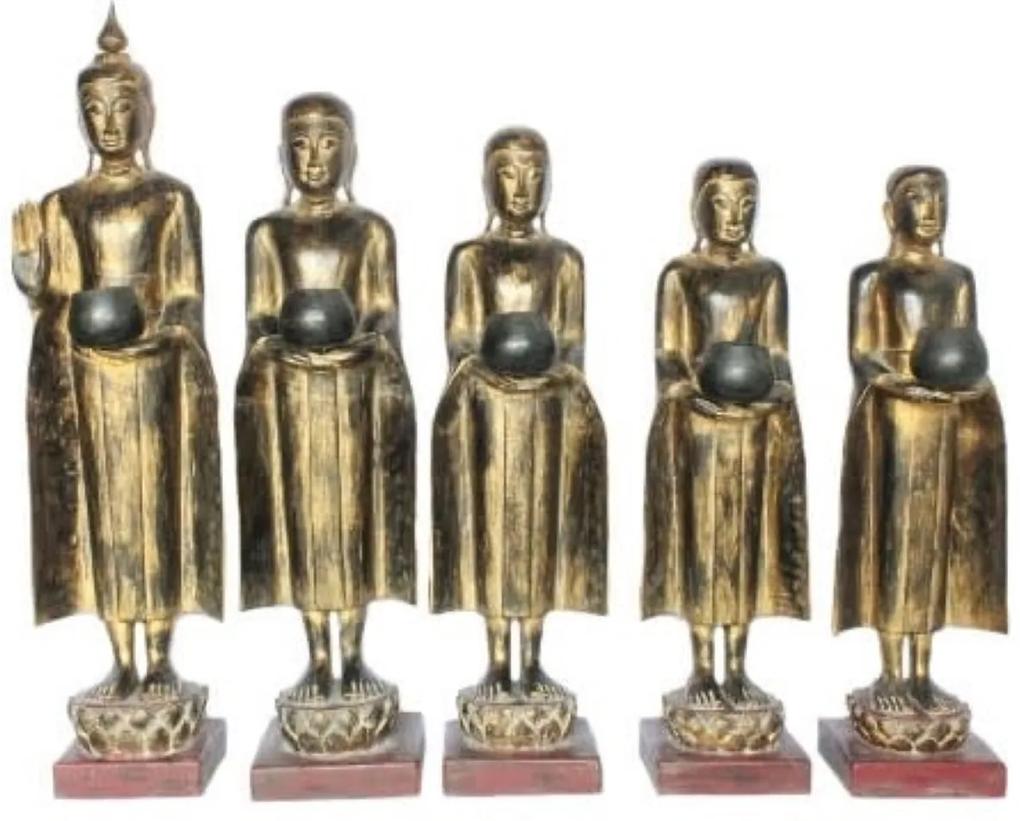 Fine Asianliving Staande Buddha met Staande Monnik 107-75cm Set/5 Handgemaakt van Stevige Boomstam
