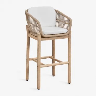 Karvia Hoge Tuinstoel Van Acaciahout En Gevlochten Touw ↑75 Cm & Lichte Acaciekleur & Stof Wit - Sklum