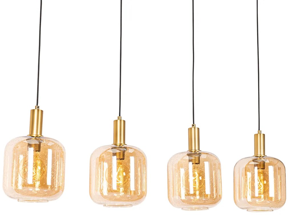 Smart hanglamp zwart met messing en amber glas 4-lichts incl. 4 Wifi G95 - Zuzanna