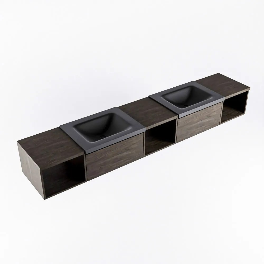 Mondiaz Bukla 240cm badmeubel met open module 40 L+M+R Dark Brown met 2 lades wastafel Cloud dubbel 0 kraangaten Urban