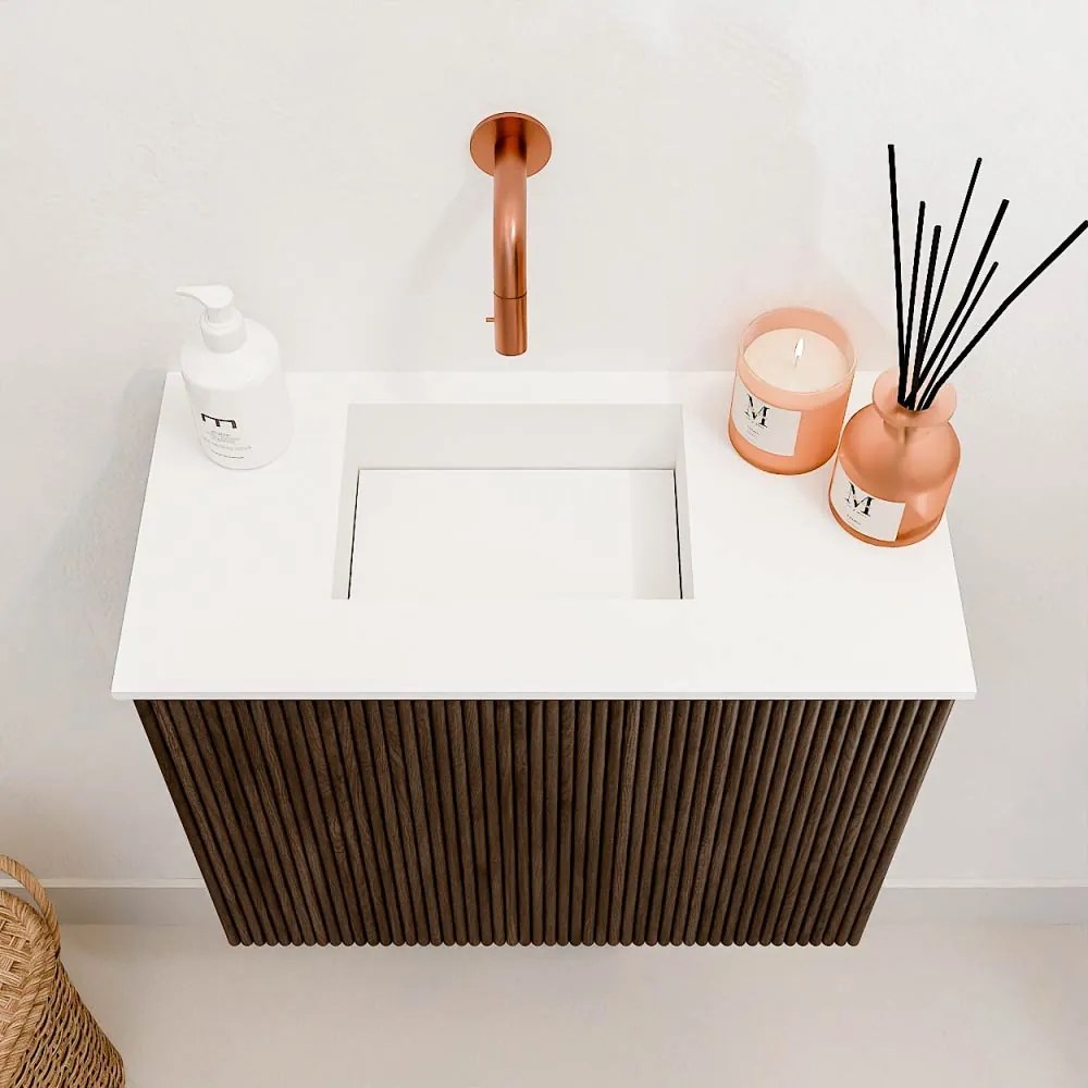 Mondiaz Joya 50cm toiletmeubel walnut met wastafel faye links zonder kraangat talc