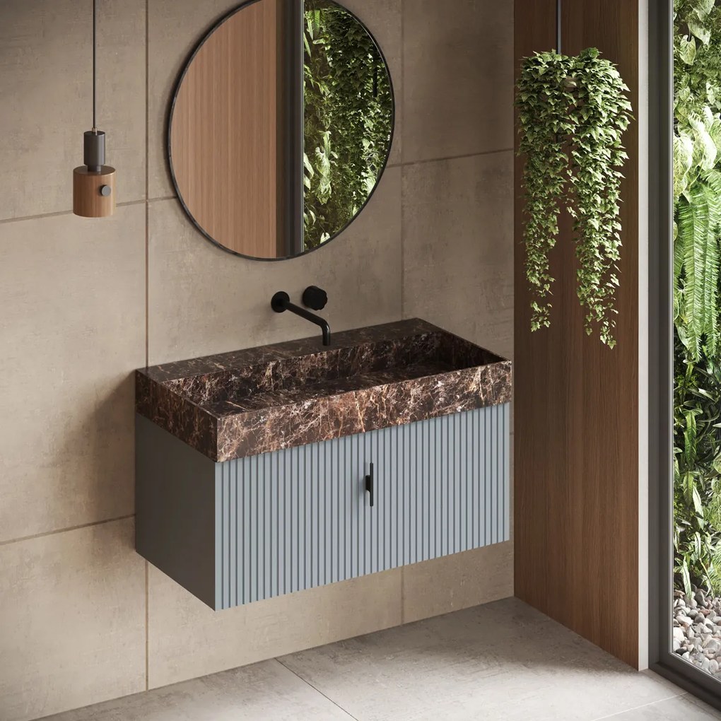 Muebles Zahora badmeubel ribbelfront 100cm baby blauw met Dark Emperador wastafel zonder kraangat