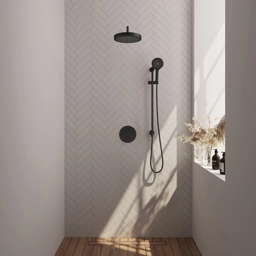Brauer Stripe inbouw regendouche rond met 25cm hoofddouche, rond met gebogen muurarm, glijstang en 3 standen handdouche set 47 zwart mat
