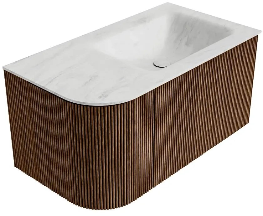 Mondiaz Kurve-dlux 85cm badmeubel ronding links walnut met 1 lade en deur en wastafel cloud rechts zonder kraangat opalo