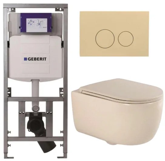 QeramiQ Dely Swirl Toiletset - 36.3x51.7cm - Geberit UP320 inbouwreservoir - met Burda frame - slim zitting - bedieningsplaat beige - ronde knoppen - beige 0701131/SW1102365/SW1000770/SW1026259