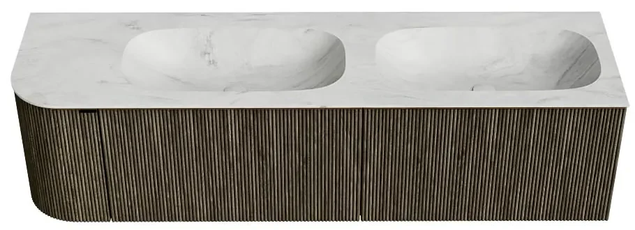 Mondiaz Kurve-dlux 165cm badmeubel ronding links shadow met 2 lades en 1 deur en wastafel stor small dubbel/rechts 2 kraangaten opalo