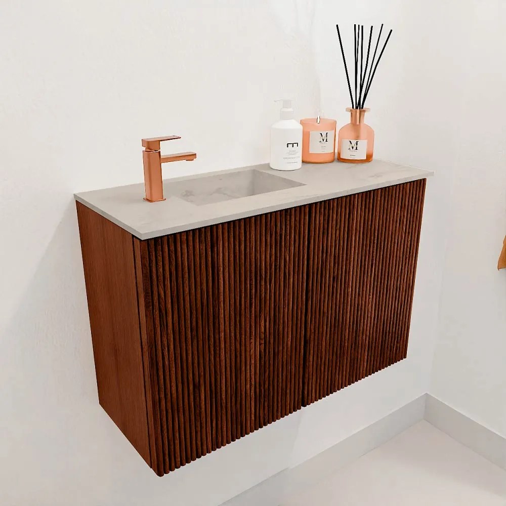 Mondiaz Joya DLux 60cm toiletmeubel ruby met wastafel faye links 1 kraangat opalo