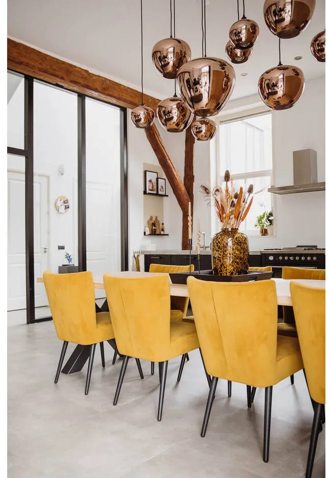 Goossens Eetkamerstoel Rob geel velvet stof leuning, urban industrieel