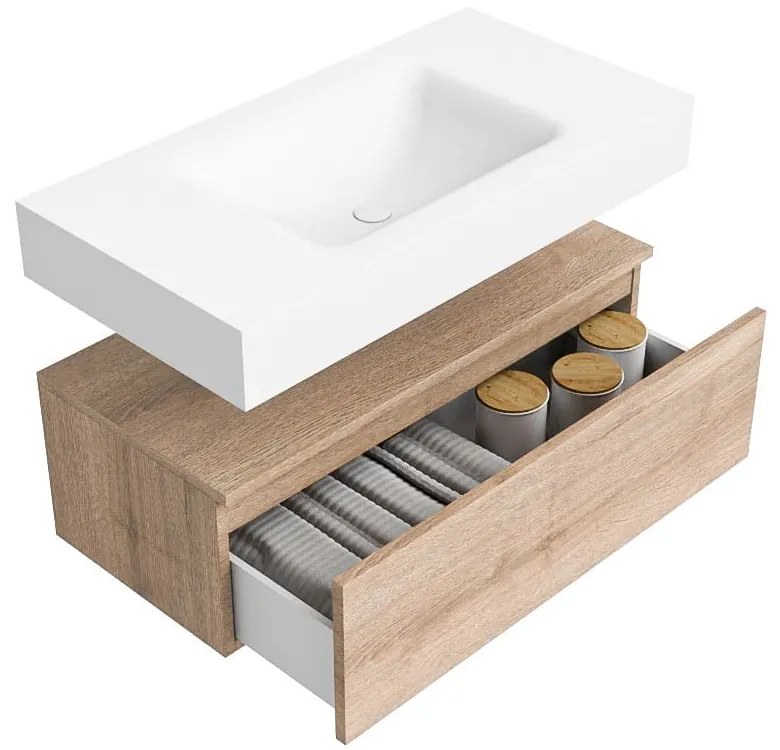 Zaro Alan badmeubel 90cm washed oak 1 lade met vrijhangende wastafel cloud midden 1 kraangat talc