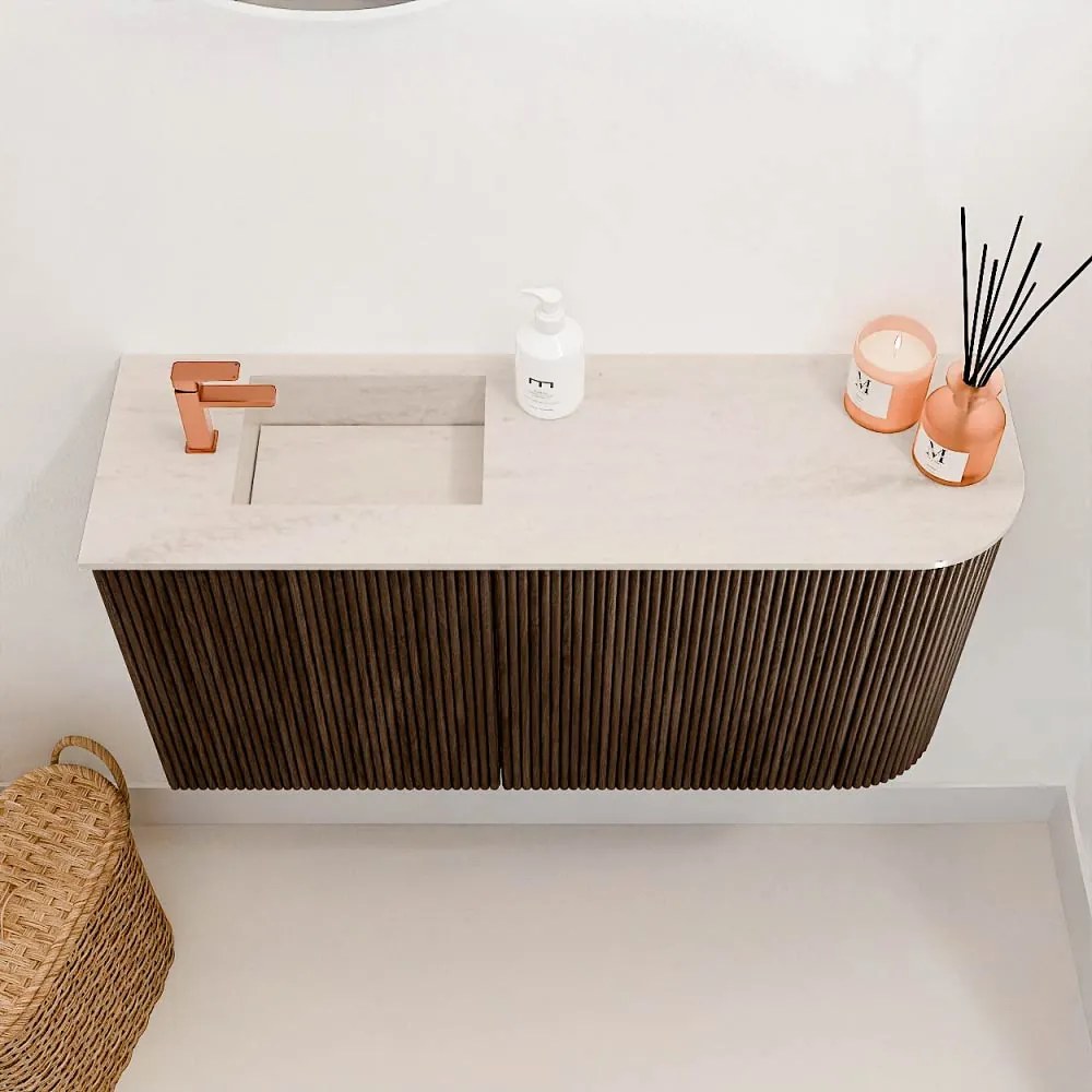 Mondiaz Joya DLux 80cm toiletmeubel ronding rechts walnut met wastafel faye links 1 kraangat meli
