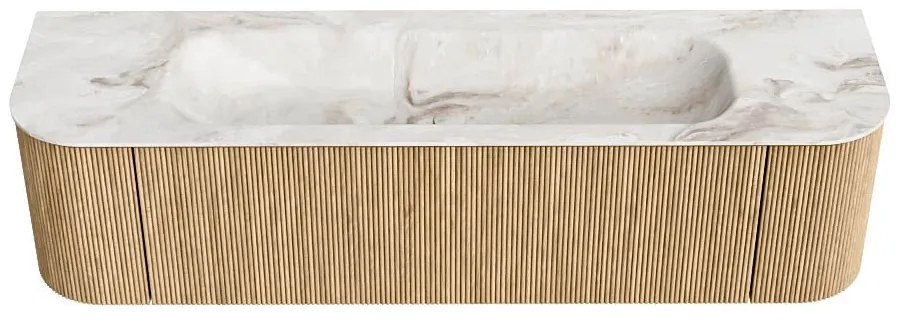 Mondiaz Kurve-dlux 170cm badmeubel ronding links/rechts oak met 1 lade en 2 deuren en wastafel big large midden 2 kraangaten frappe