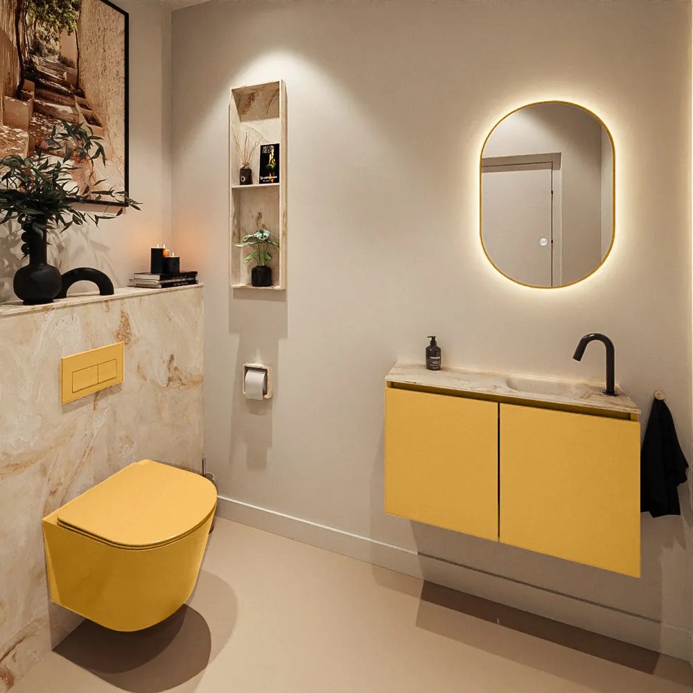 Mondiaz Ture DLux toiletmeubel 80cm ocher met wastafel frappe rechts met kraangat