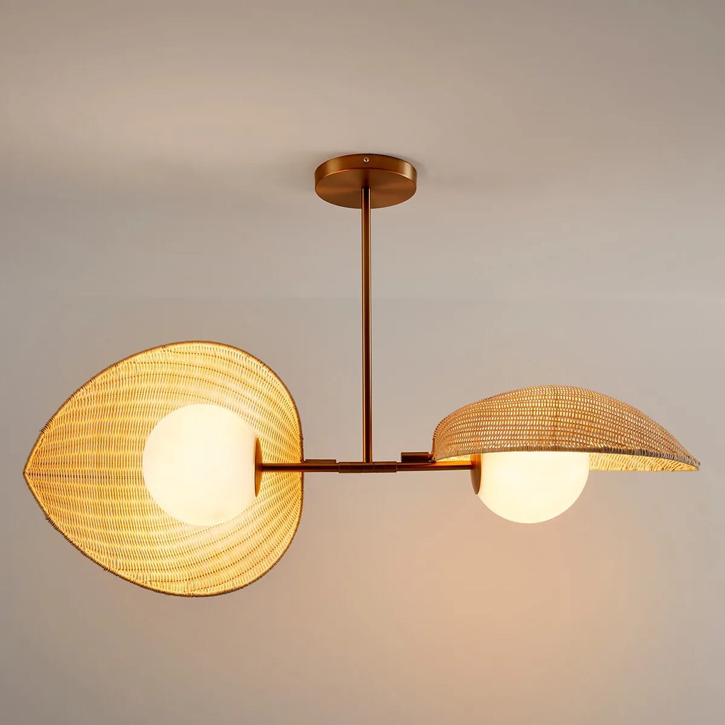 Dubbele lamp, opaline, rotan en messing Javana