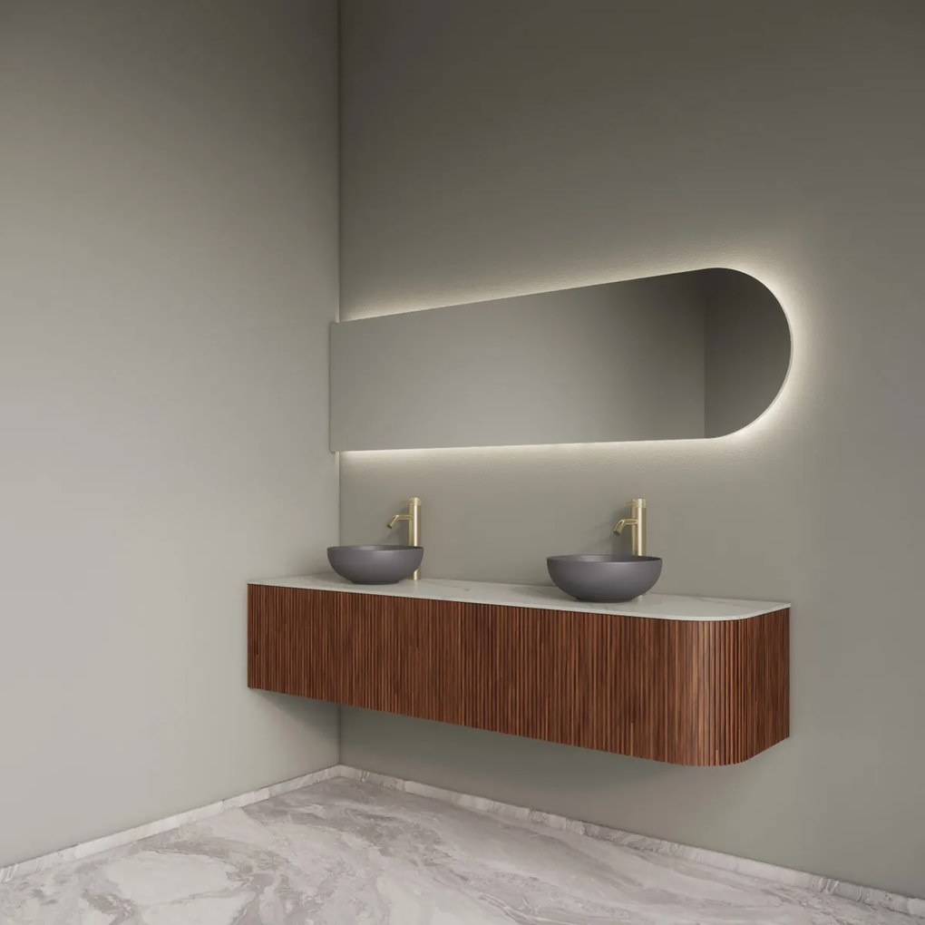 Gliss Design Alluro badmeubel ribbelfront met ronding rechts 180cm walnut en wit marmer toppaneel