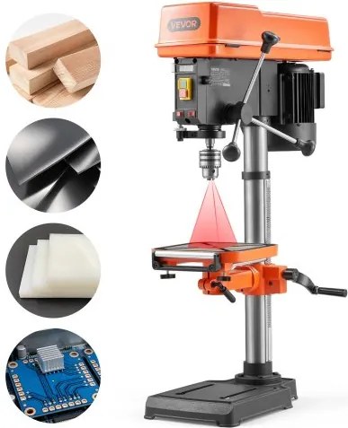 VEVOR Tafelboormachine 305 mm, Kolomboormachine 550 W, Boormachine met snelheidsregeling 340–2200 tpm, Kantelbare tafel 45°, Laser &amp; LED, Boormachine voor hout- en metaalbewerking