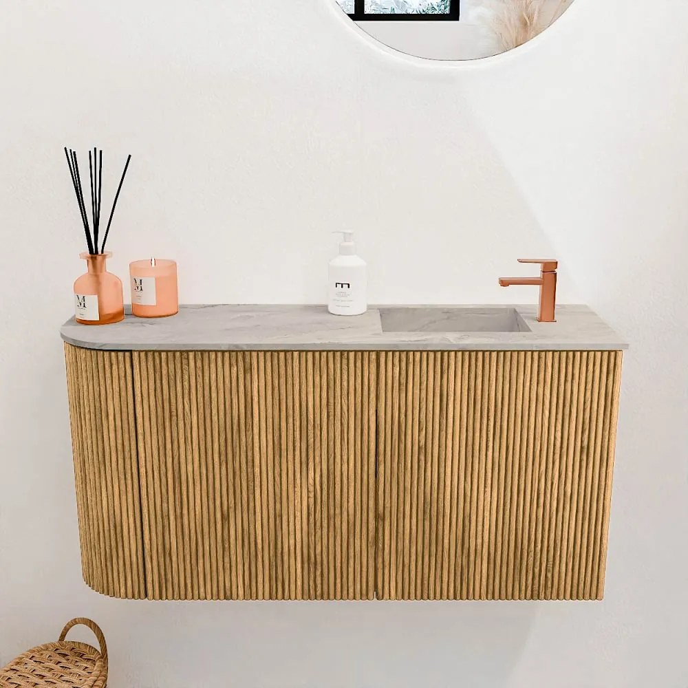 Mondiaz Joya DLux 80cm toiletmeubel ronding links oak met wastafel faye rechts 1 kraangat glace