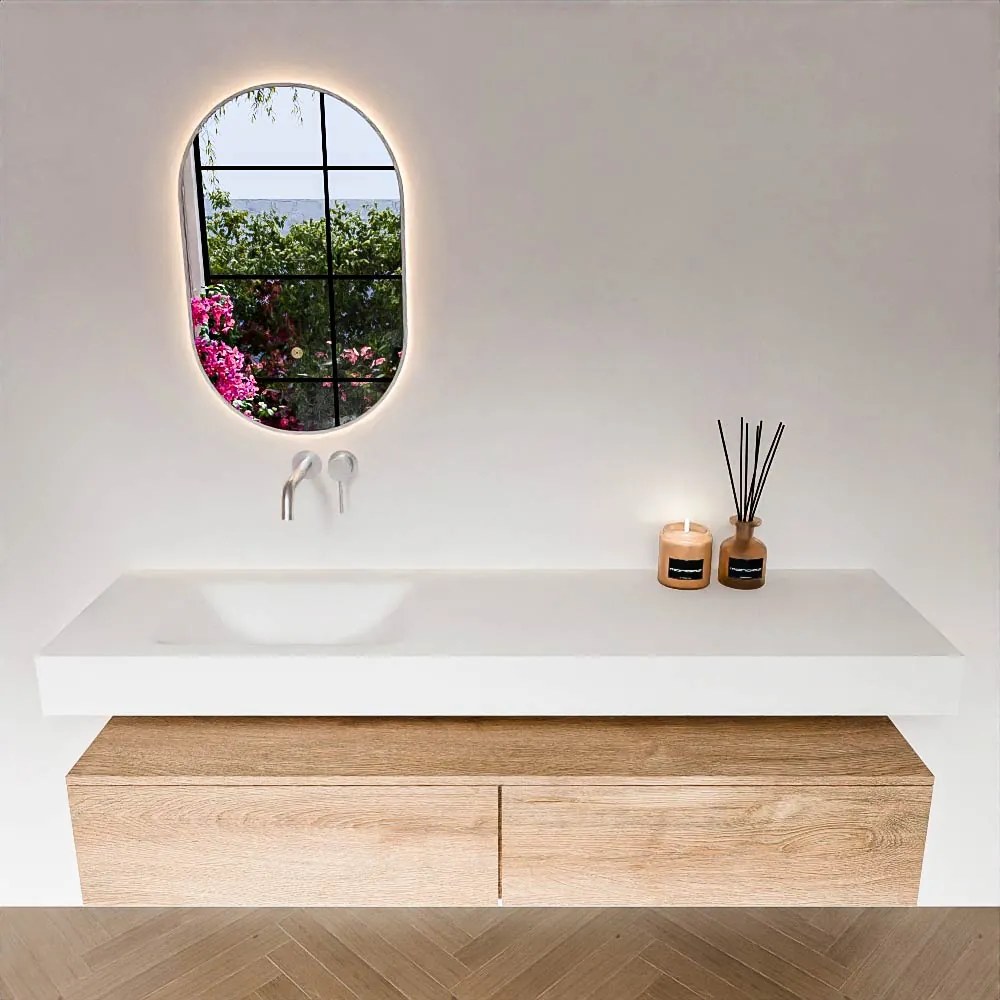 Zaro Alan badmeubel 170cm washed oak 2 lades met vrijhangende wastafel cloud links zonder kraangat talc