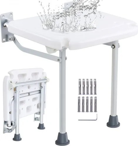 VEVOR PE opklapbare douchestoel, 40,1 x 37,6 cm uitgeklapt, aan de muur te monteren opklapbare douchebank met een draagvermogen van 227 kg, ruimtebesparende opklapbare douchestoel voor senioren en zwangere vrouwen