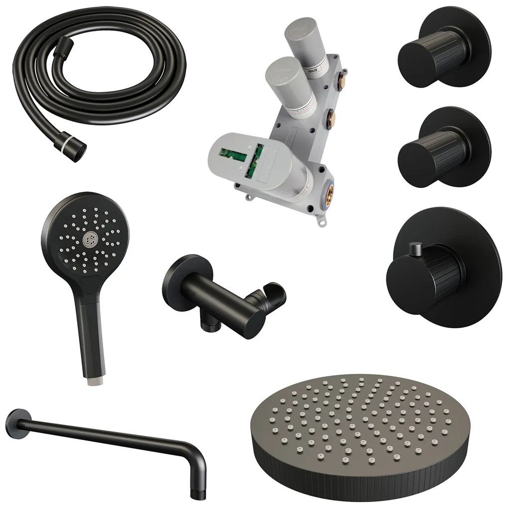 Brauer Stripe inbouw regendouche met 25cm hoofddouche, gebogen muurarm en 3 standen handdouche set 5 zwart mat