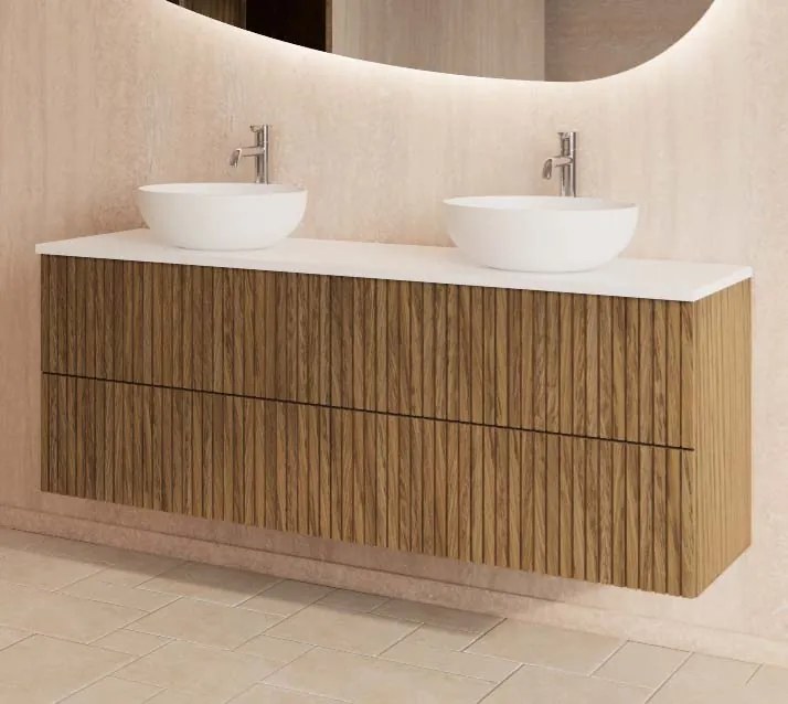 Gliss Design Hybris badkamermeubel met ribbelfront en wit glans toppaneel 140cm castle brown