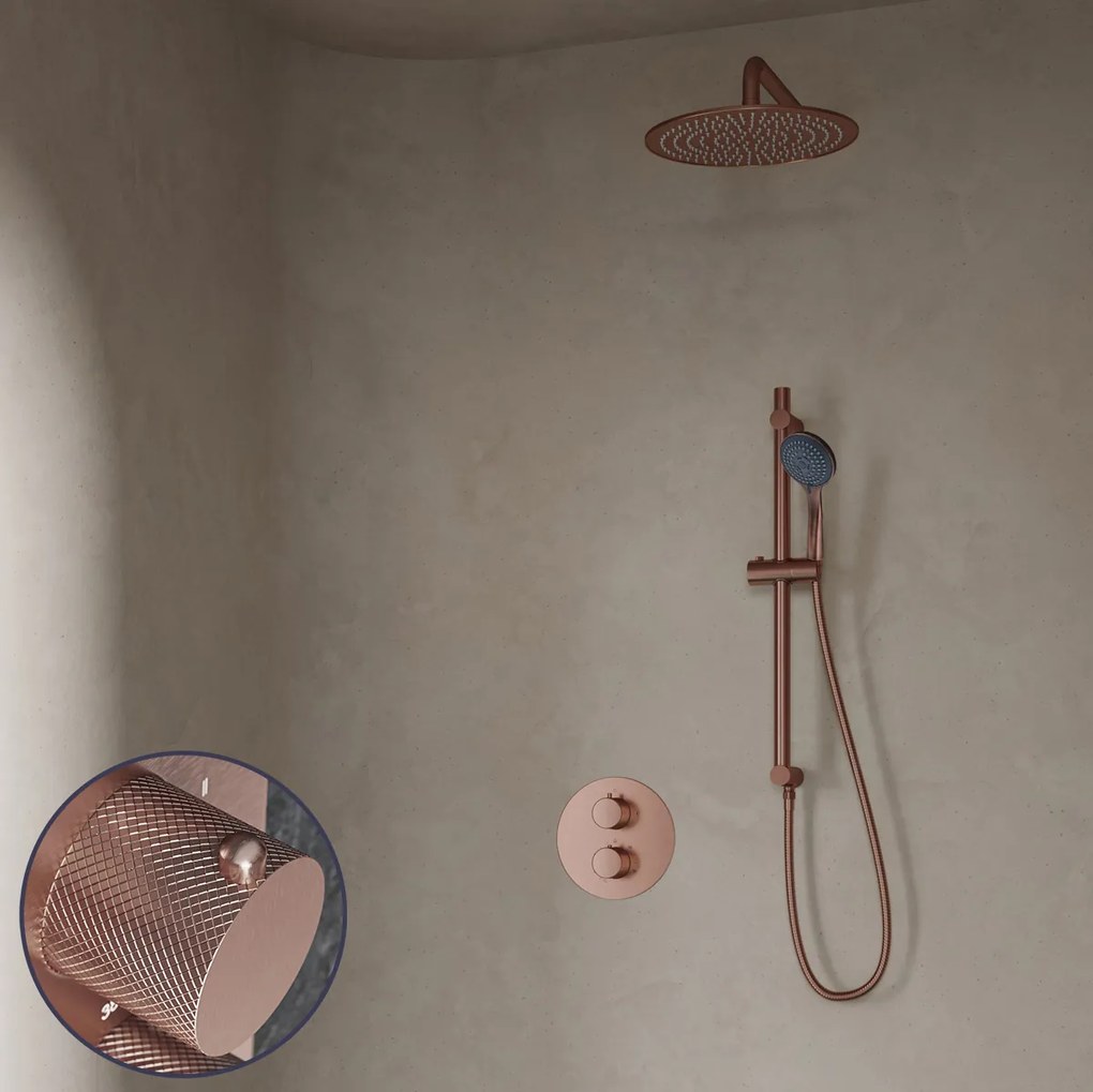 Saniclear Copper Curved inbouw regendouche rond met 20cm hoofddouche, muurarm, 3 standen handdouche en glijstang geborsteld koper