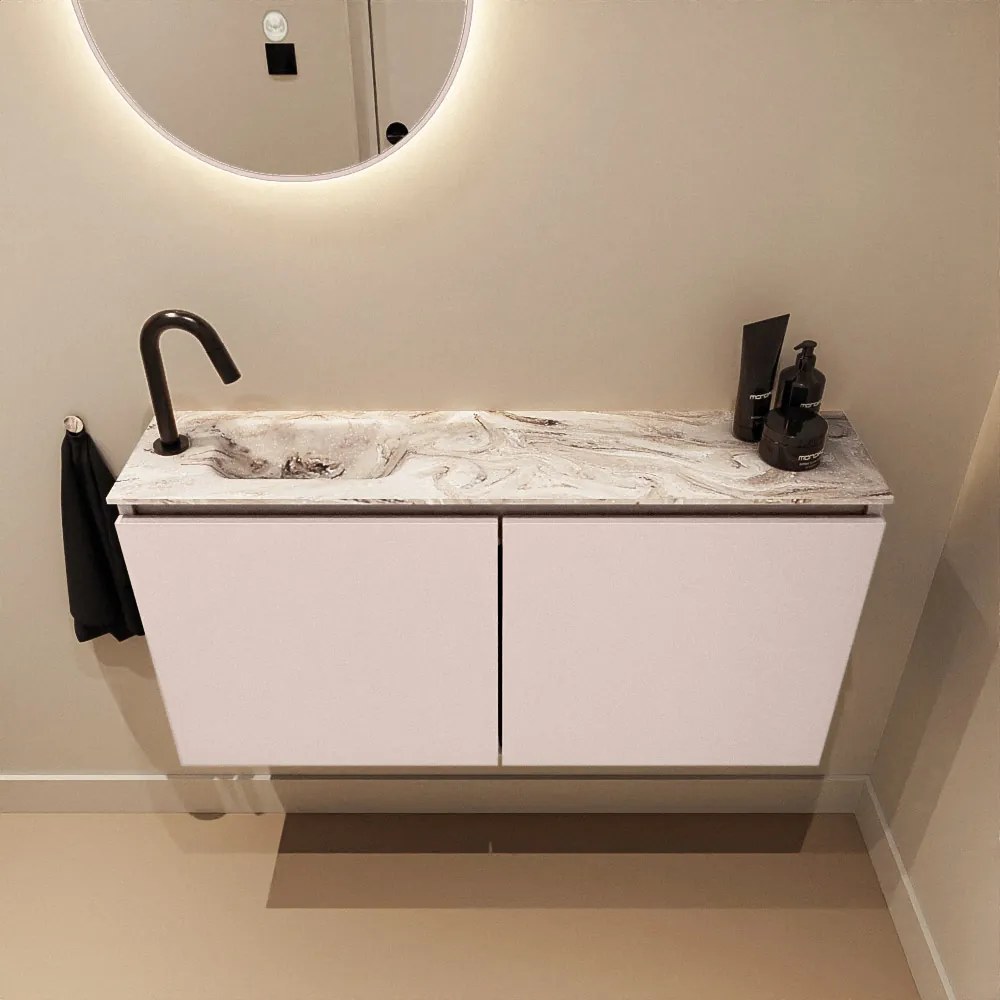 Mondiaz Ture DLux toiletmeubel 100cm rosee met wastafel glace links met kraangat