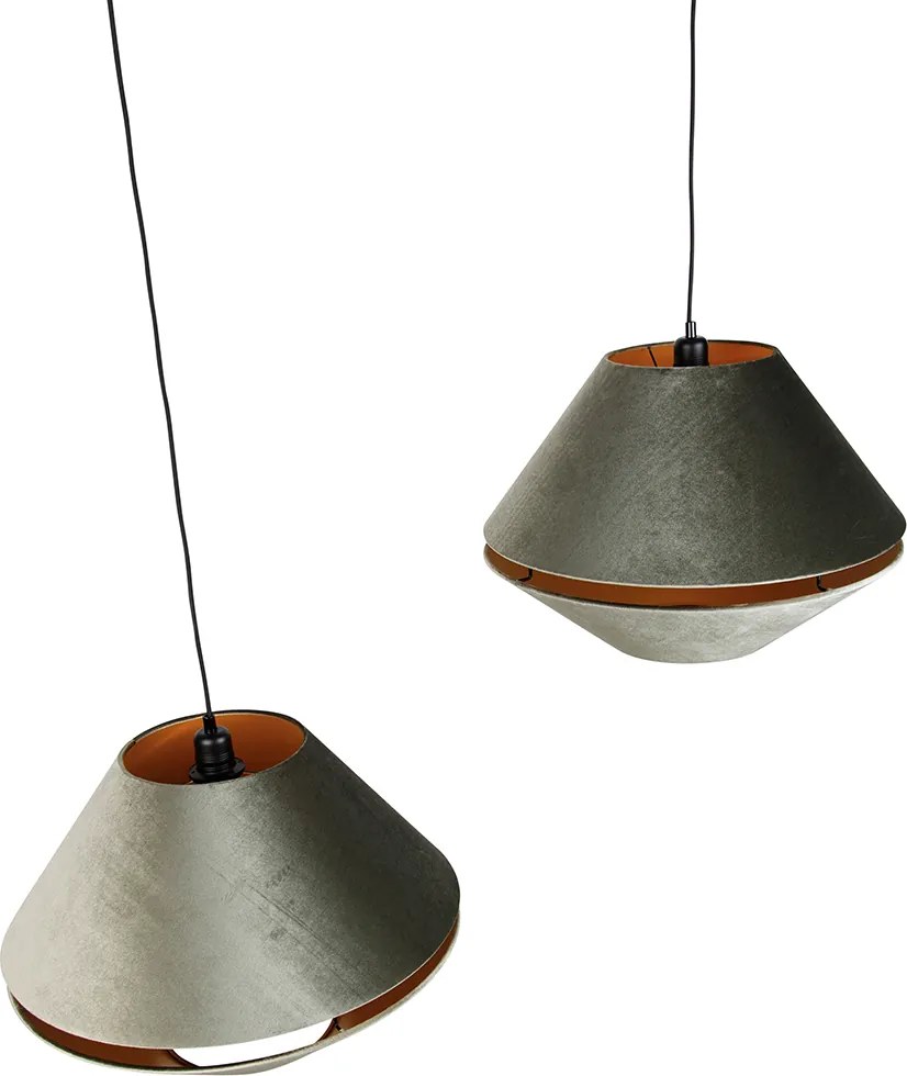 Hanglamp zwart met dubbele velours lampenkap groen met gouden binnenkant 2-lichts - Cava Luxe