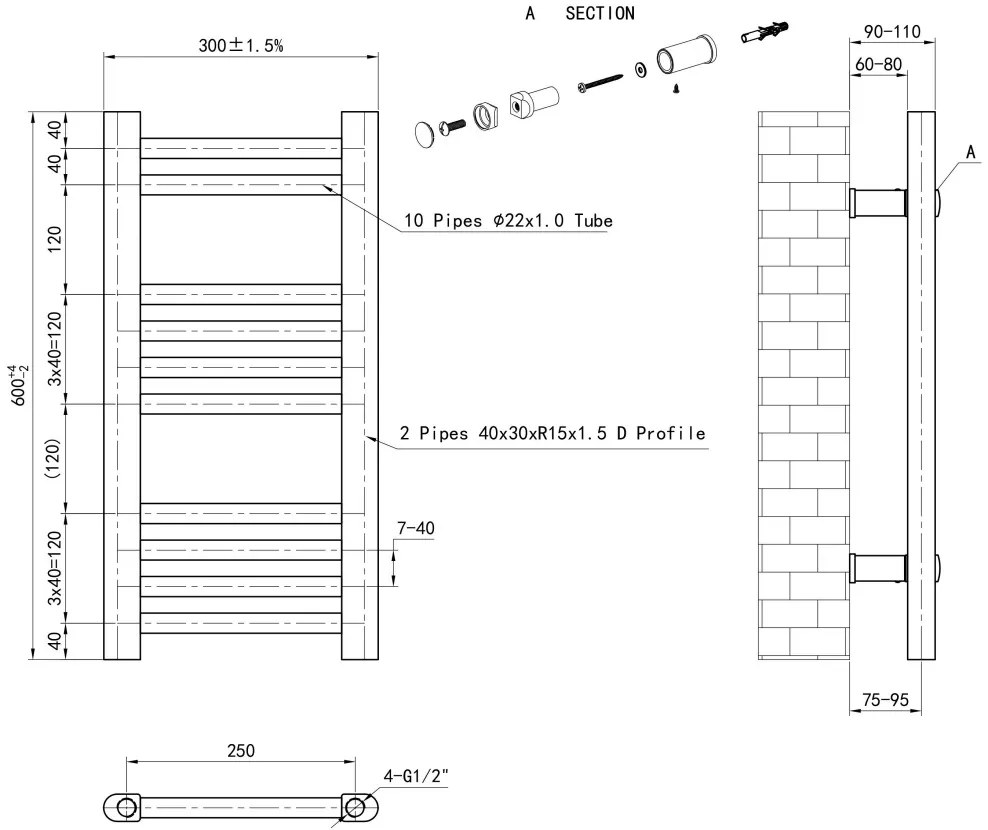 Eastbrook Wendover handdoekradiator 30x60cm 196W zwart mat