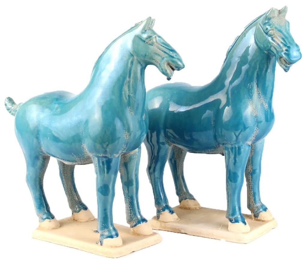 Fine Asianliving Chinees Paard Tang-Dynastie Terracotta Aardewerk Handgemaakte Blauwe set/2 B8xD14xH26cm