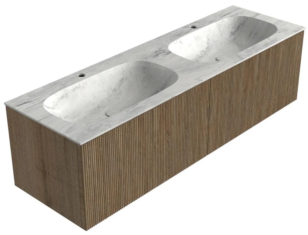 Mondiaz Kurve-dlux 150cm badmeubel dusk met 2 lades en wastafel stor small dubbel 2 kraangaten opalo