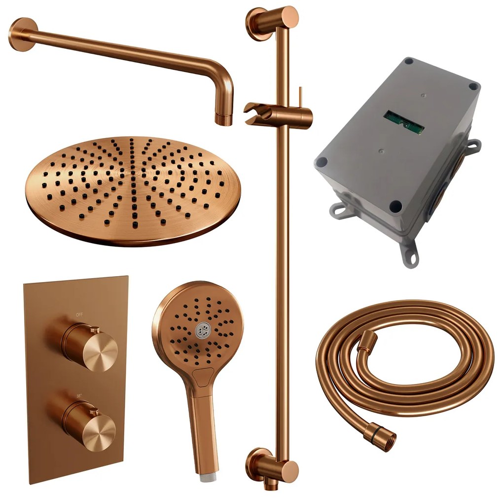 Brauer Copper Edition complete inbouw regendouche met 3 standen handdouche, gebogen wandarm, glijstang en hoofddouche 30cm set 46 koper geborsteld PVD