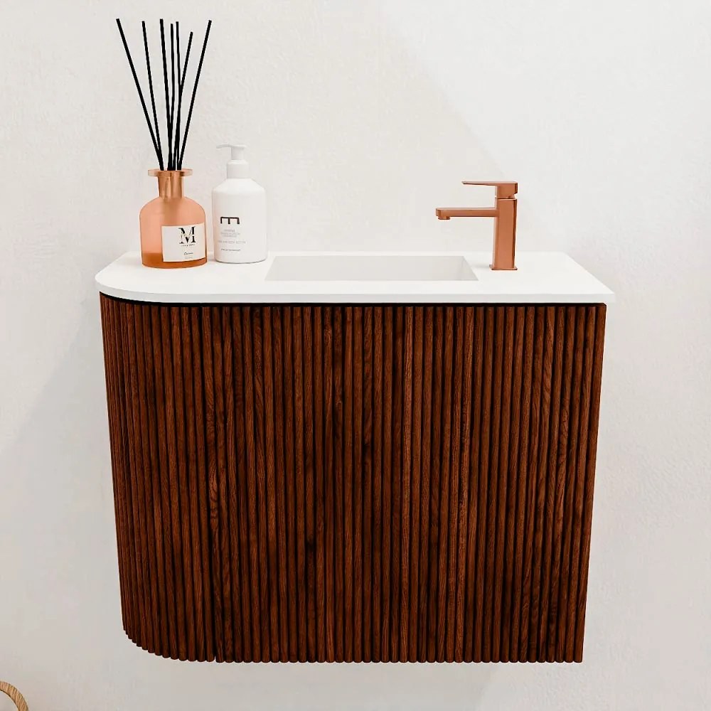 Mondiaz Joya 50cm toiletmeubel ronding links ruby met wastafel faye rechts 1 kraangat talc