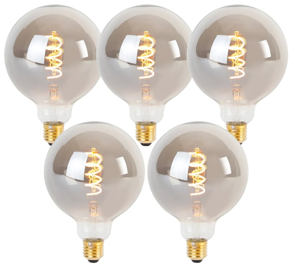 Set van 5 E27 dimbare LED gedraaid filament lamp G125 smoke 4W 120 lm 1800K