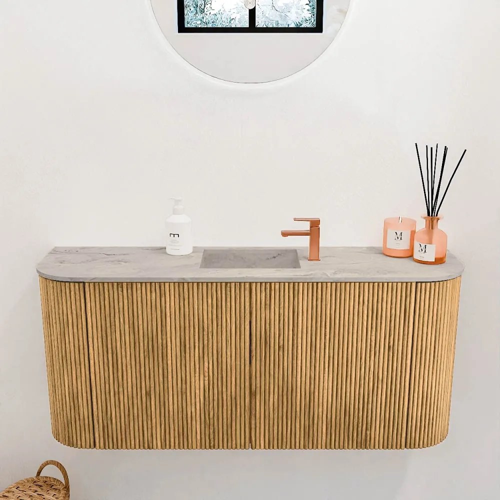 Mondiaz Joya DLux 95cm toiletmeubel ronding links/rechts oak met wastafel faye midden 1 kraangat glace