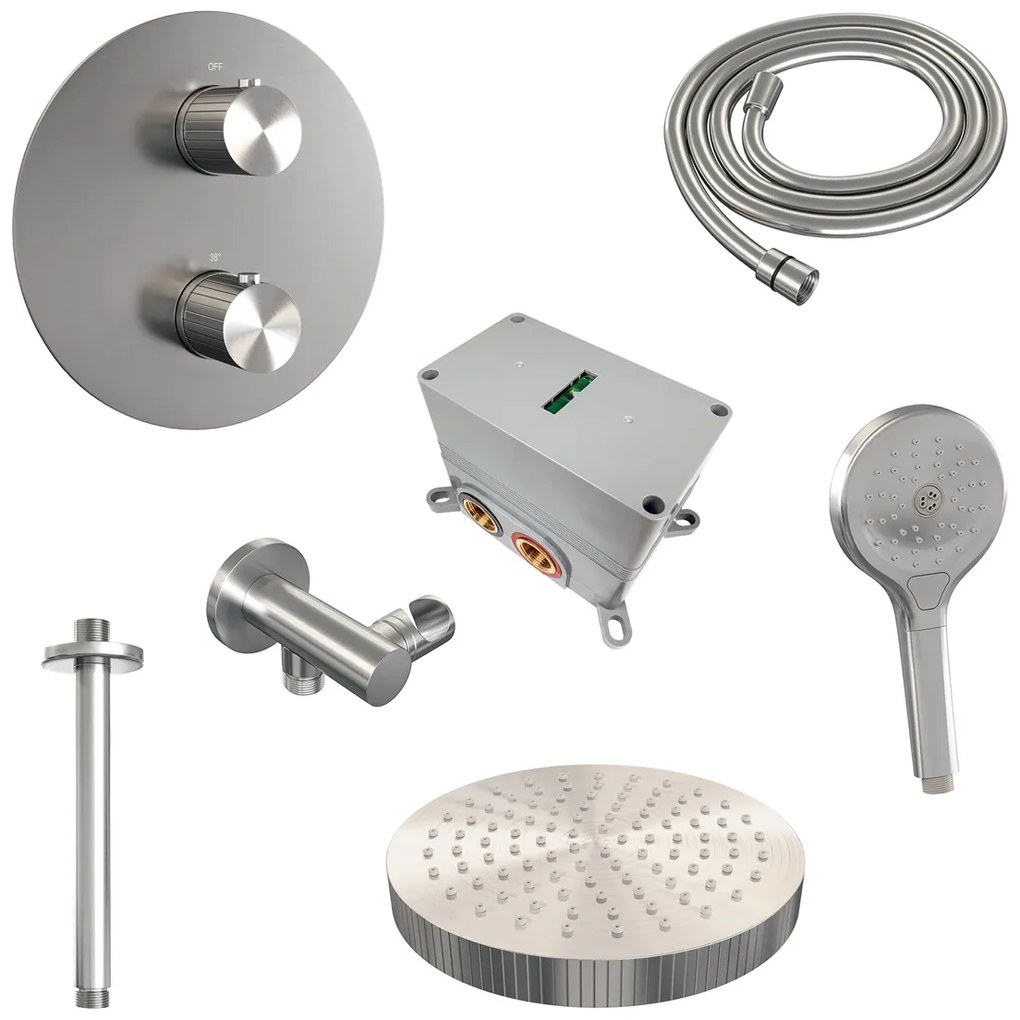 Brauer Stripe inbouw regendouche rond met 25cm hoofddouche, plafondarm en 3 standen handdouche set 42 RVS geborsteld PVD