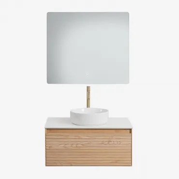 Tedrik Badkamermeubelset In Essenhout Ash Brown & Rond Keramiek Wit Ø40 Cm Lenka & Rechthoekige Led En Anticondens 80x70 Cm Gualar & Goud - Sklum