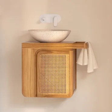 Georgy Zwevend Badkamermeubelset 60x40 Cm In Teakhout Teakhout & Rond Cement Wit Ø40 Cm Zavion & Spiegelloze & Wit Ingebed Met Aftapkraan Zonder Overl