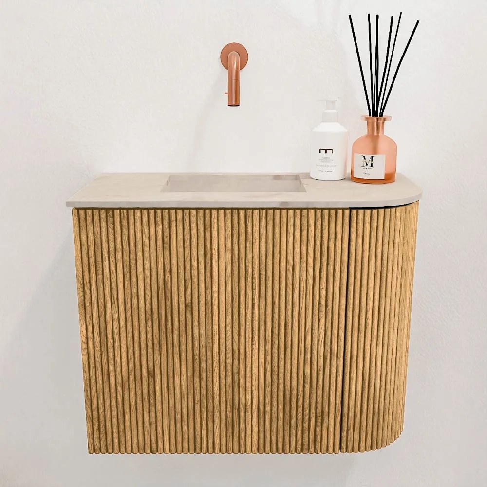 Mondiaz Joya DLux 50cm toiletmeubel ronding rechts oak met wastafel faye links zonder kraangat frappe