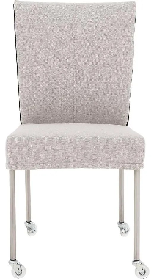 Goossens Eetkamerstoel Funk RVS Poten lichtgrijs stof leuning en Transparant skater wiel met rvs kapmet wielen, modern design