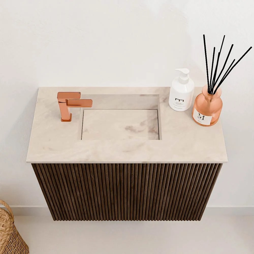 Mondiaz Joya DLux 50cm toiletmeubel walnut met wastafel faye links 1 kraangat frappe