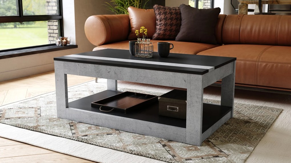 LUSSO Zwart Mat/Millenium Beton - MODERNE SALONTAFEL MET VERHOOGD BLAD + OPBERGRUIMTE + SCHAP (OP WIELEN!)