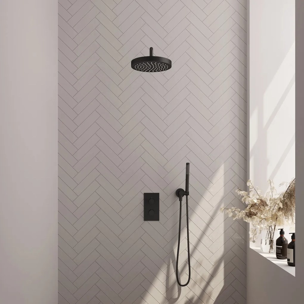 Brauer Stripe inbouw regendouche met 25cm hoofddouche, gebogen muurarm en staafhanddouche set 14 zwart mat