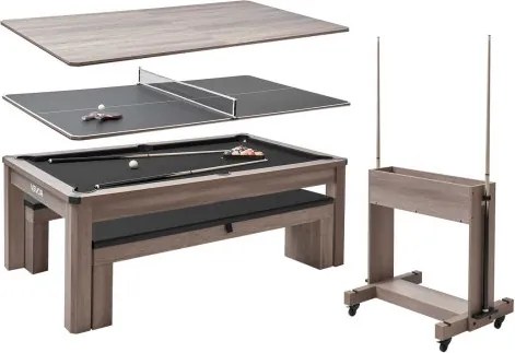 VEVOR 214 cm 3-in-1 pooltafel voor tafelspelen met eettafel en tafeltennistafel, 2 banken voor opslag en accessoires, draagvermogen 137 kg, inclusief keu-standaard en krijtborstel